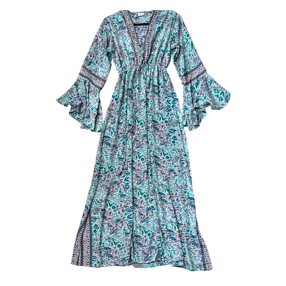 Wevez 100% Silk Teal Floral Bell Sleeve Boho Chic Maxi Dress Resort Resort Small